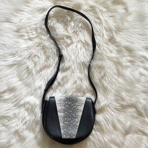 Vince Black White Modern V Python Embossed Leather Crossbody Purse Bag